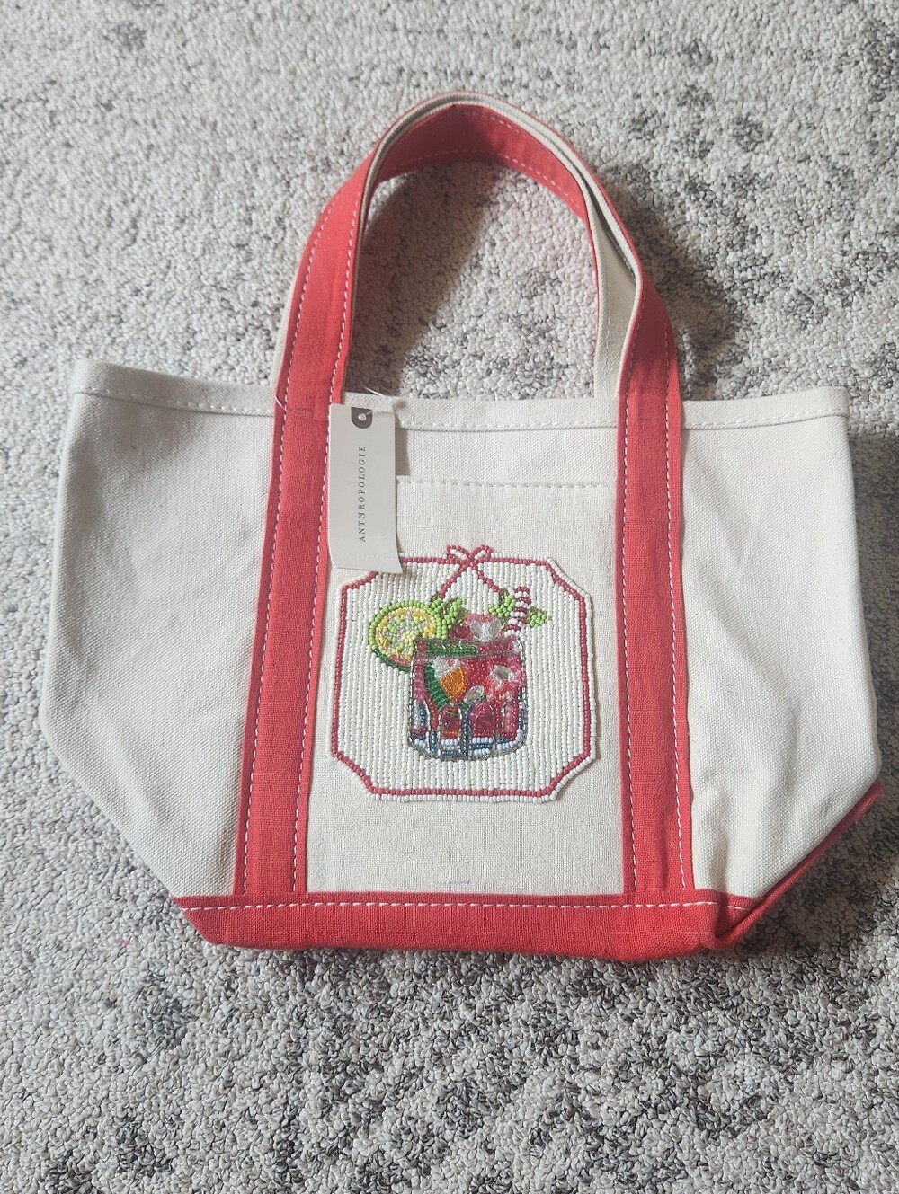 Anthropologie White Canvas Tote with Coral Trim and Beaded Cocktail Motif